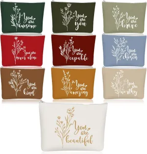 Coume 10 Pcs Boho Flower Canvas Makeup Bags Bulk, Christmas Aesthetic Inspirational Quotes Cosmetic Zipper Encouragement Travel Pouch Toiletry Bag Women Teacher Friend Birthday Gift