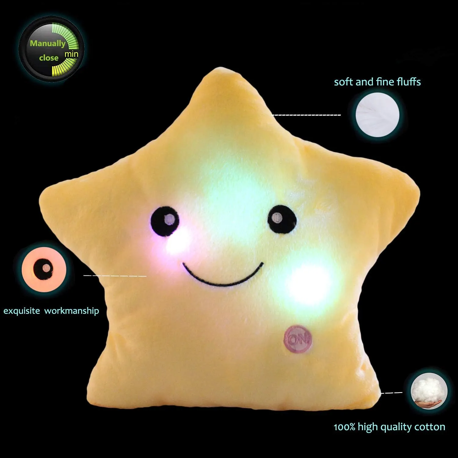 Creative Twinkle Star Shaped Plush Pillow, LED Night Light Glowing Cushions Plush Stuffed Toys Gifts for Kids, Decoration (Yellow)