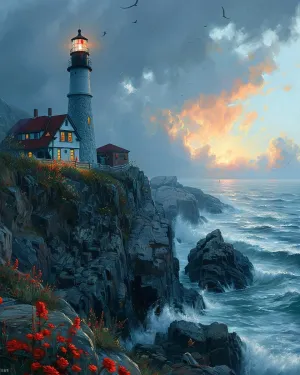 Cross-Stitch Stamped Kits, Glowing Lighthouse at Dusk, Embroidery Crafts Needlepoint Kit, Beginners Starter Kits, DIY Handmade Gifts 11CT 3 Strands 16x20 inch