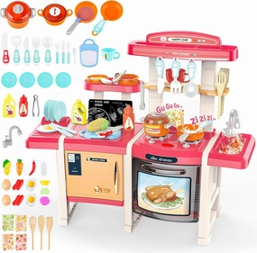deAO Kids Kitchen Playset, 45 PCS Sound Light Pretend Play Kitchen Toys with Cooking Stove Steam Play Sink Food and Toy Kitchen Accessories, Birthday Gift for Toddlers Boys Girls(Pink)