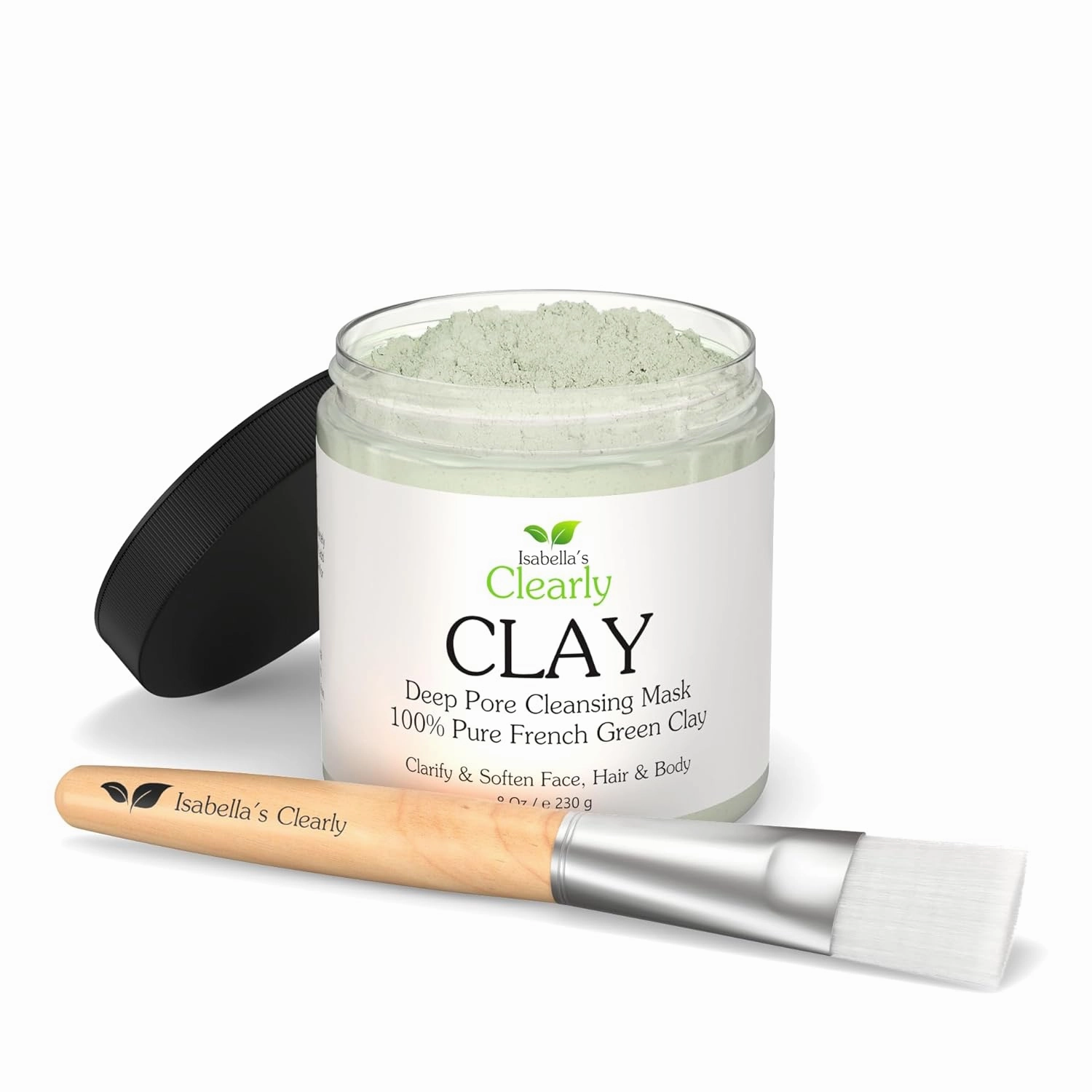 Deep Pore Cleansing French Green CLAY for Face, Body, Skincare | Natural Hydrating Facial Mask for Blackheads and Pores   Body Mask   Clarifying Hair Mask (Bulk 8 Oz   Applicator Brush)