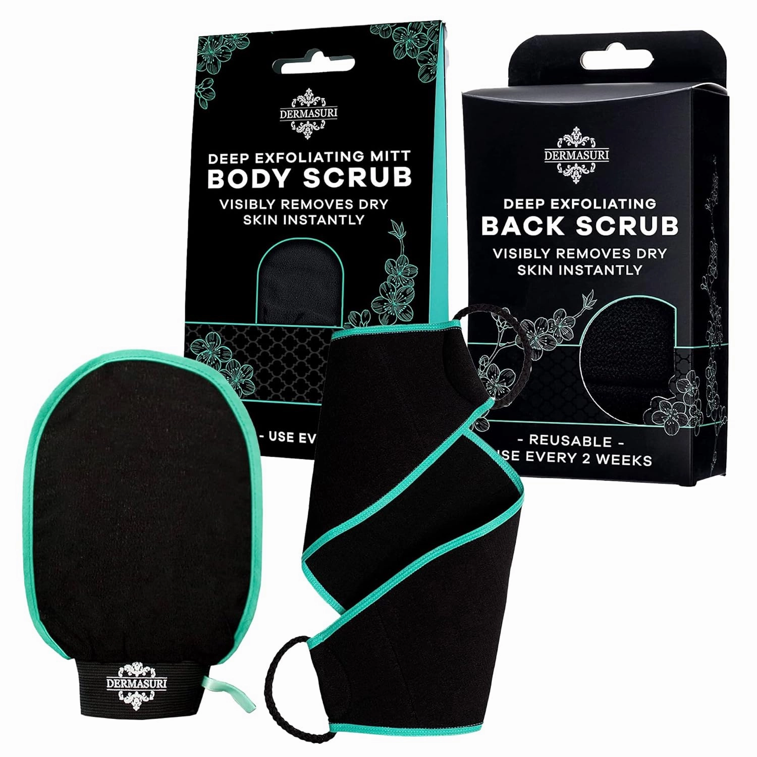 Dermasuri Deep Exfoliating Body Mitt & Back Scrub Bundle - Bath & Shower Body Scrubs, Cleansing & Full Body Exfoliation, Spa Exfoliator Glove, Dry Skin Remover, Skin Care Treatment for Women & Men