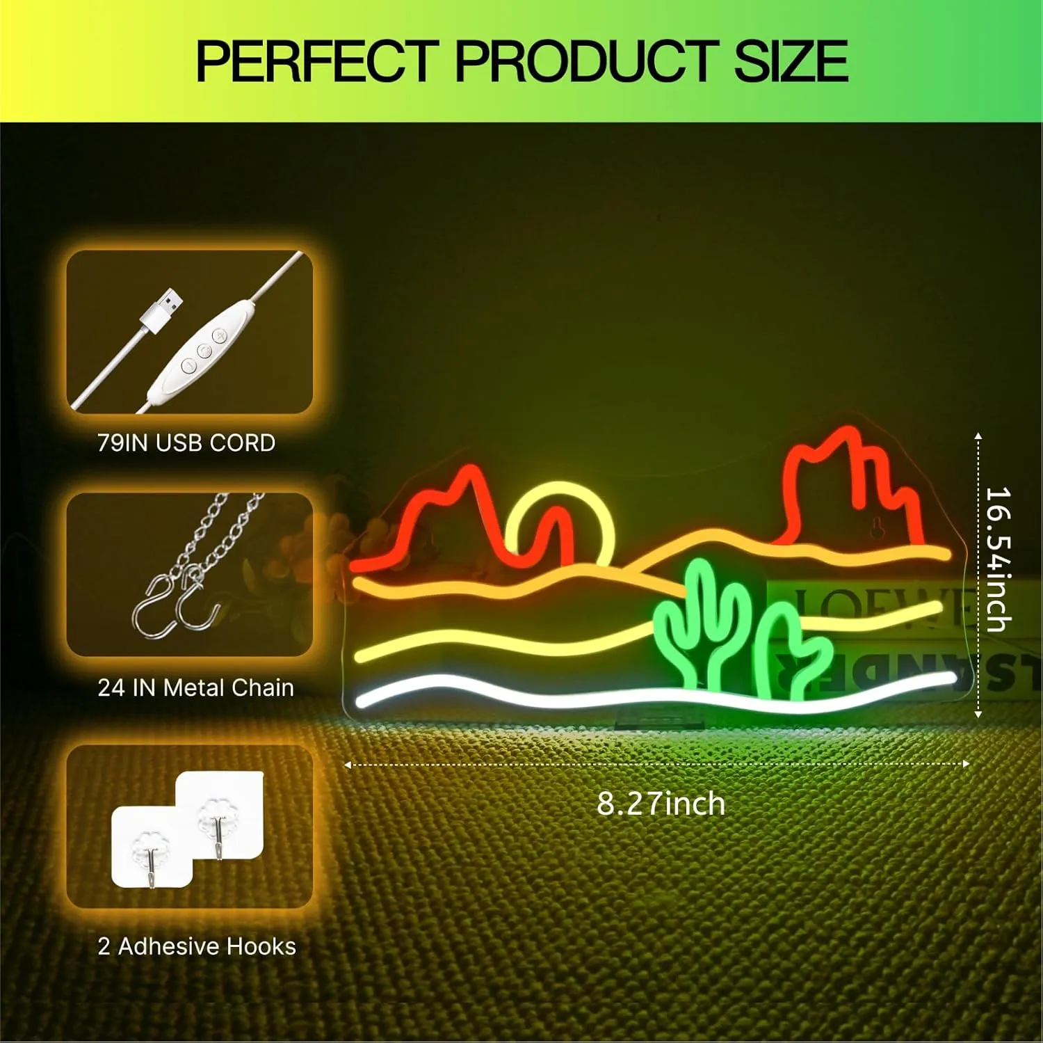 Desert Sunset Neon Sign – 16.5“x 8.3" Southwest View LED Wall Decor for Living Room, Bedroom, or Bar – Vibrant USB Powered Light with Warm Glow, Adjustable Brightness