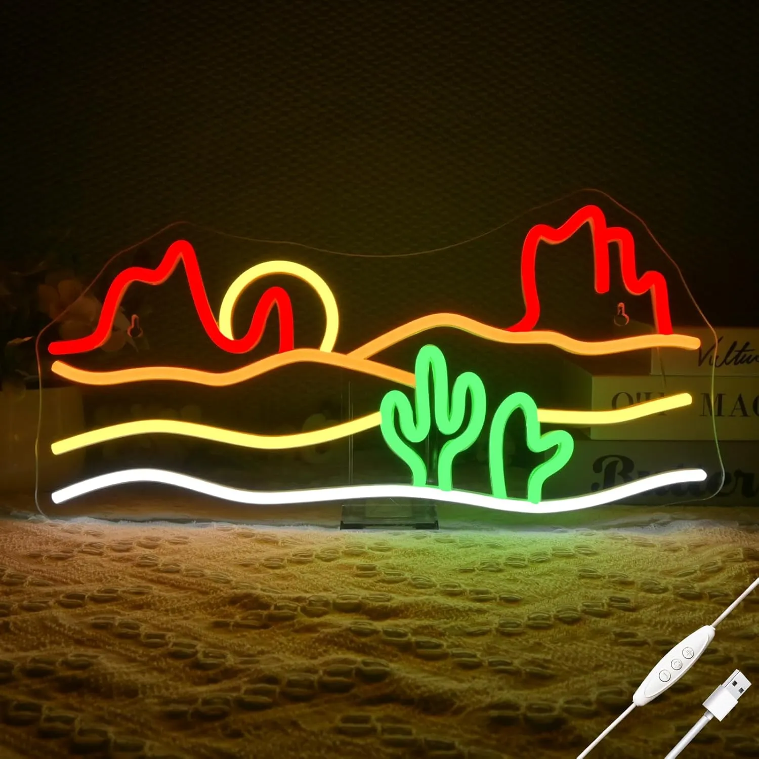 Desert Sunset Neon Sign – 16.5“x 8.3" Southwest View LED Wall Decor for Living Room, Bedroom, or Bar – Vibrant USB Powered Light with Warm Glow, Adjustable Brightness