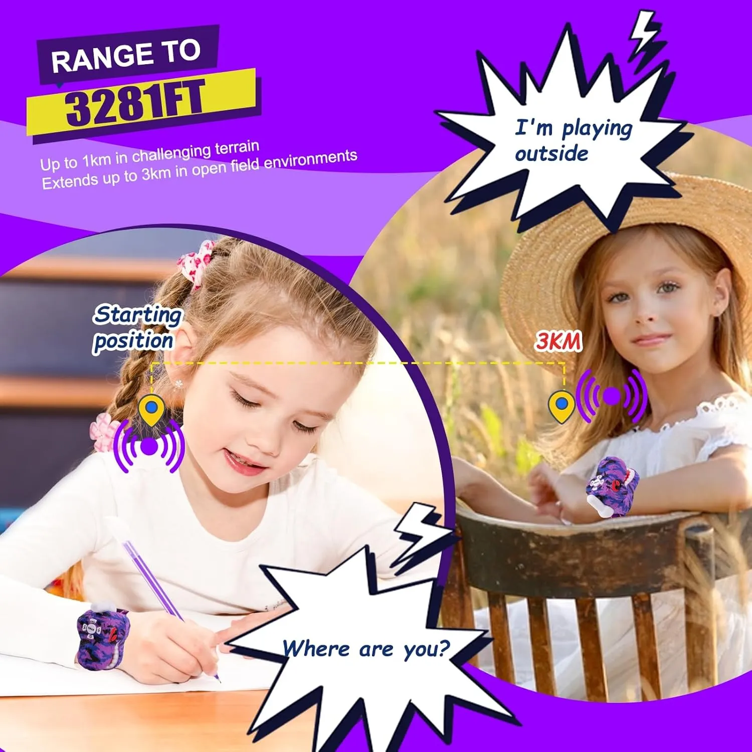 Dinosaur Walkie Talkies for Kids - 2 Way Radios Toys for Boys & Girls Ages 3-12 - Long Range, 3 Channels - Outdoor Adventure, Camping, Hiking Gifts Birthday Gifts (Purple)