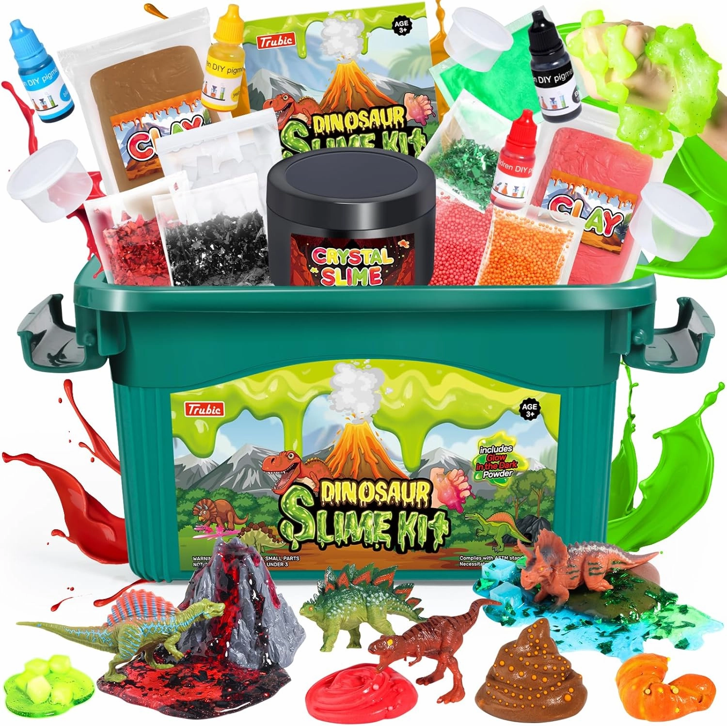 Dinosaur Slime Making Kit for Boys, Butter and Crystal Slime, Glow in The Dark and Add-ins with Storage Box, Dino Figurines with Lava, DIY Birthday Party Favors Gift Toys for Kids 6-12
