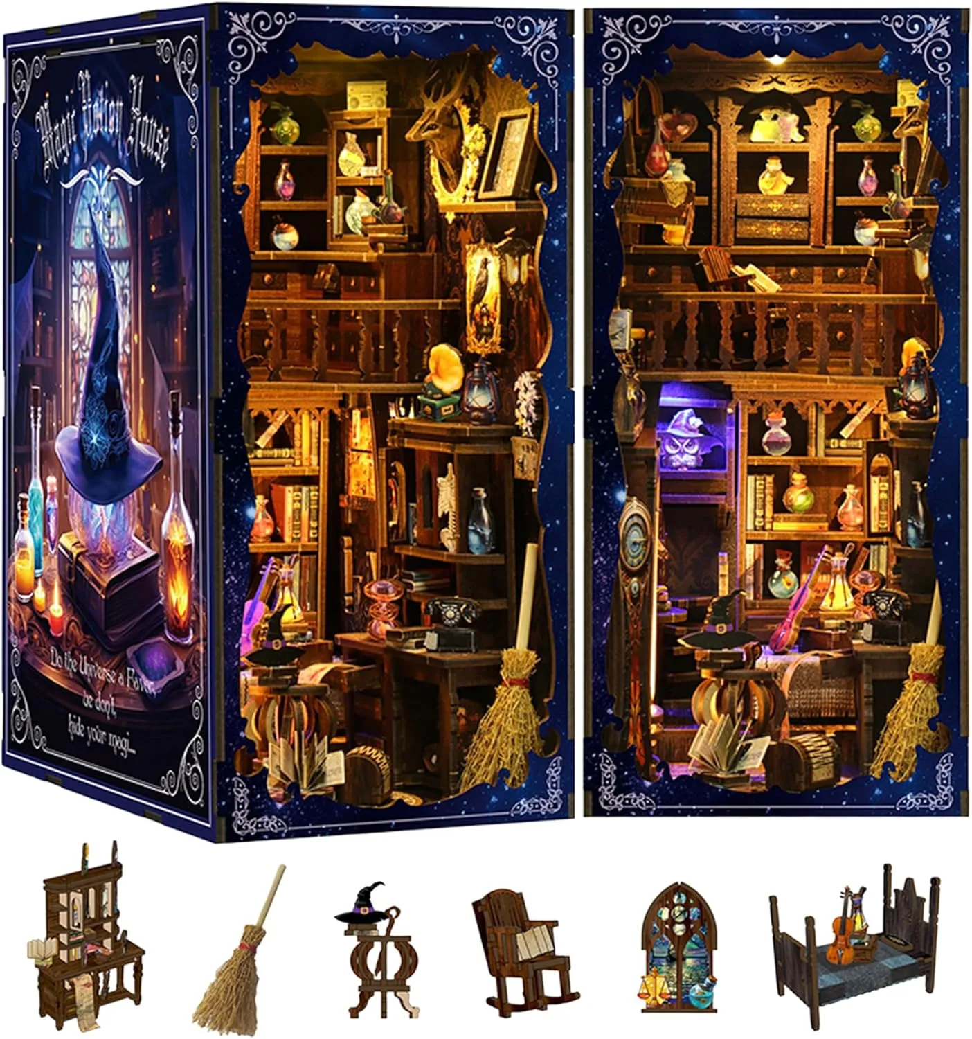 DIY Book Nook Kits, Wooden Miniature Bookshelf Scenes with LED Lights, Magic - Themed Building Sets for Adults & Teens, Ideal Creative Puzzle Gifts
