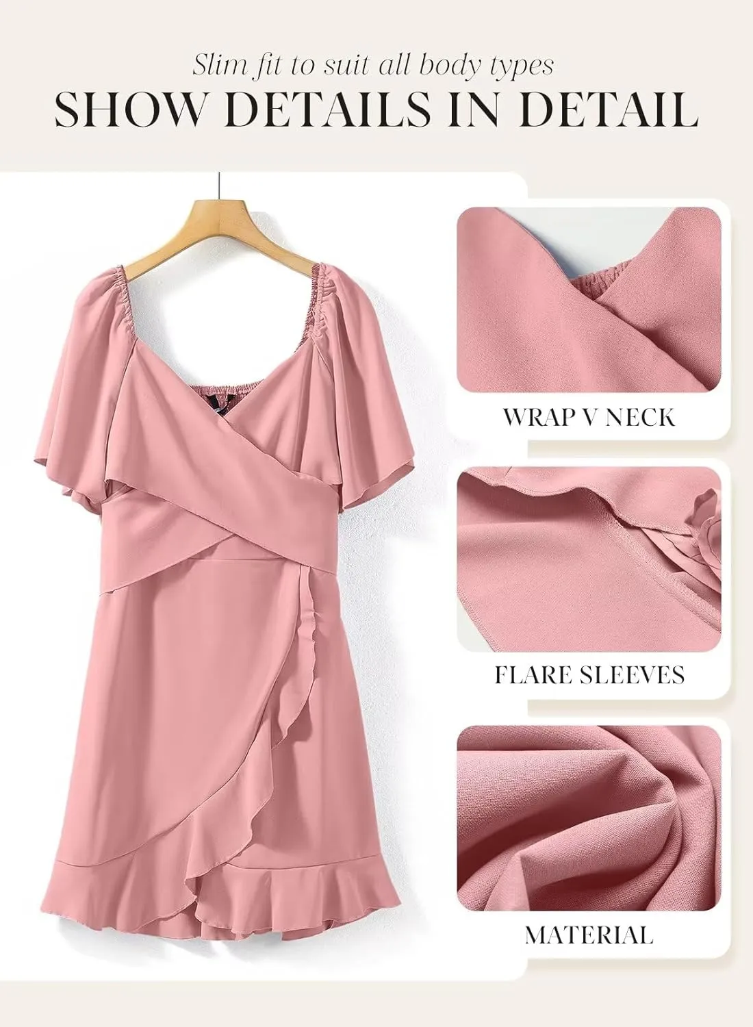 Dokotoo Women's Wrap V Neck Short Flared Sleeve Wedding Guest Dress Smocked Elastic Waist Tiered Belted Ruffle Hem Mini Dress