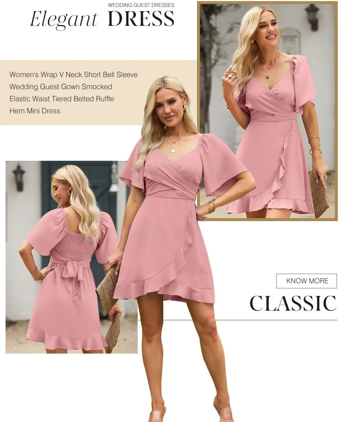 Dokotoo Women's Wrap V Neck Short Flared Sleeve Wedding Guest Dress Smocked Elastic Waist Tiered Belted Ruffle Hem Mini Dress