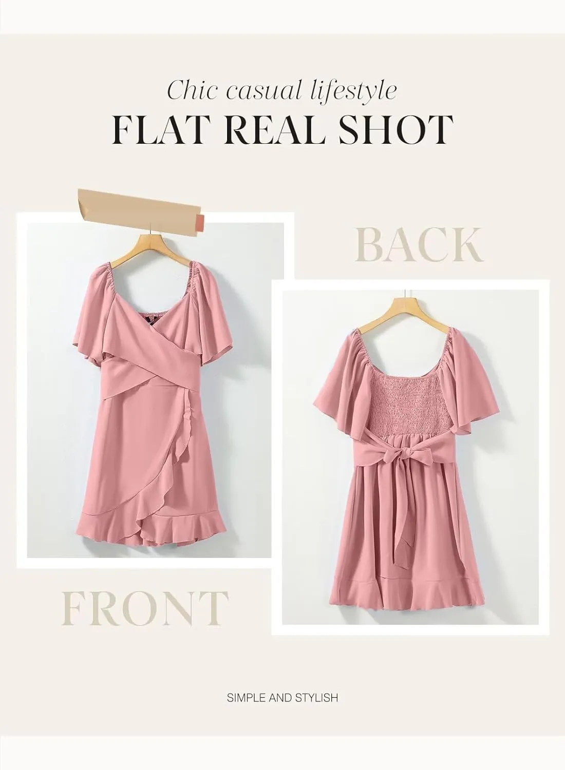 Dokotoo Women's Wrap V Neck Short Flared Sleeve Wedding Guest Dress Smocked Elastic Waist Tiered Belted Ruffle Hem Mini Dress
