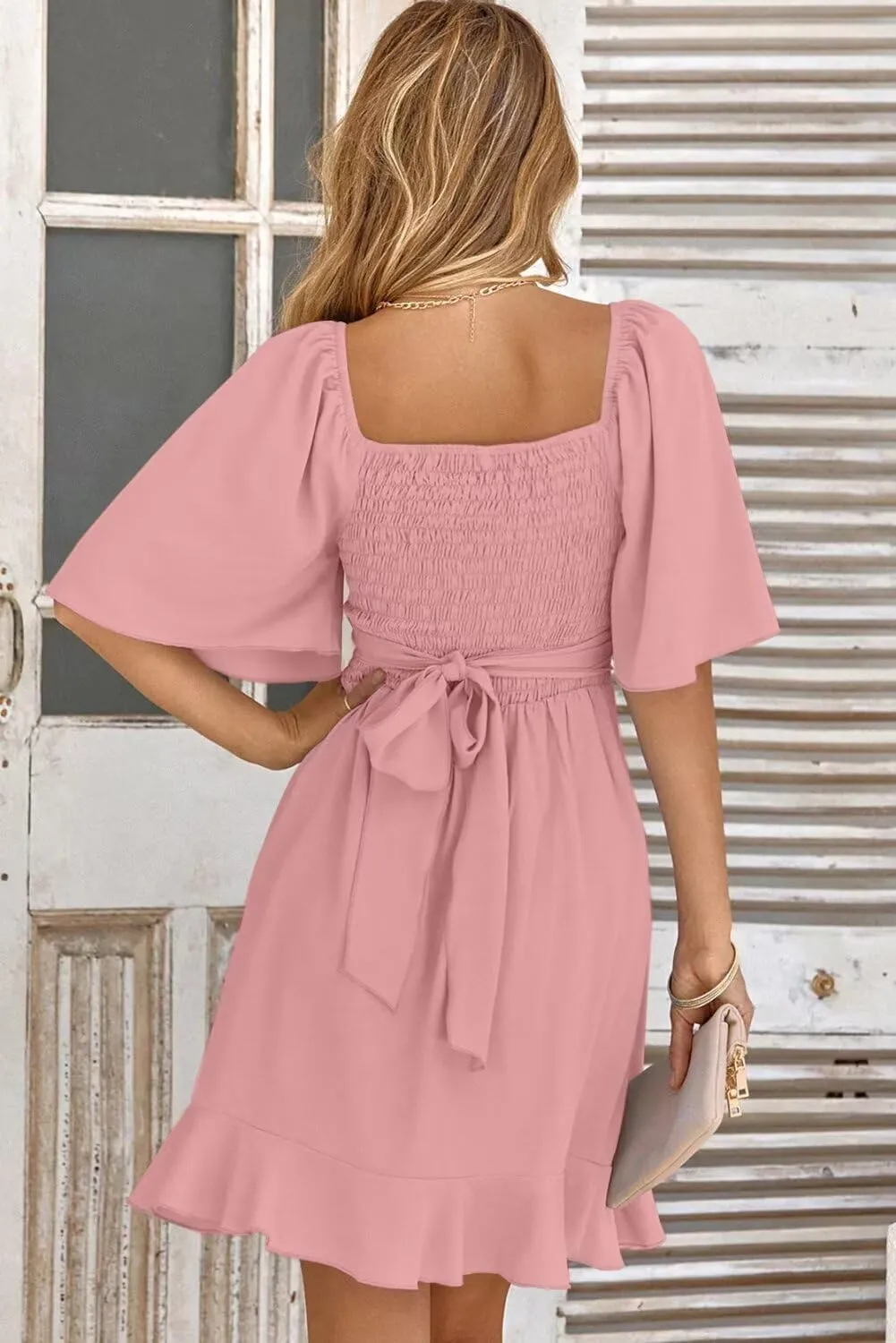 Dokotoo Women's Wrap V Neck Short Flared Sleeve Wedding Guest Dress Smocked Elastic Waist Tiered Belted Ruffle Hem Mini Dress