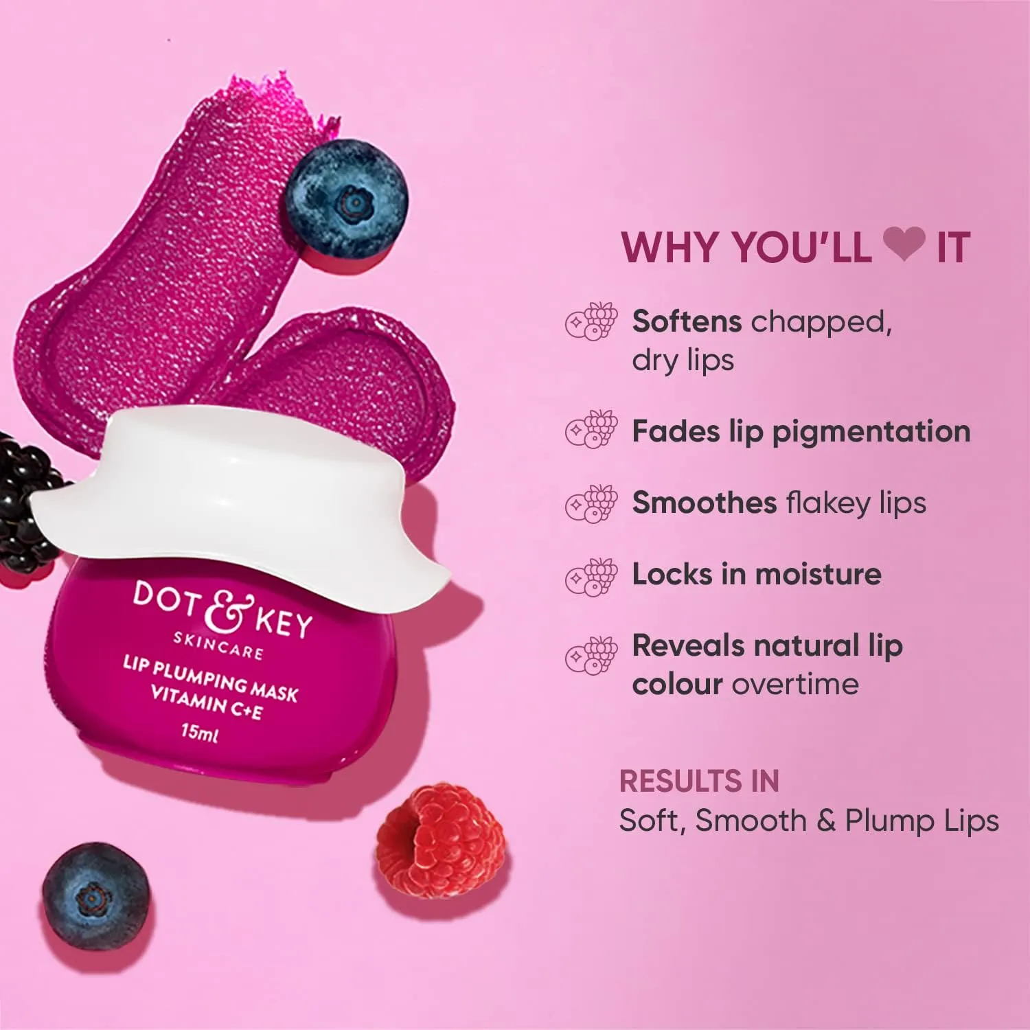 Dot'& Key' Lip Plumping Mask With Vitamin C   E For Naturally Glowing Lips, Fades Lip Pigmentation, Dry Lips, Lip Mask For Soft, Smooth & Plump Lips (Wild Berries & Pomegranate) 15ml