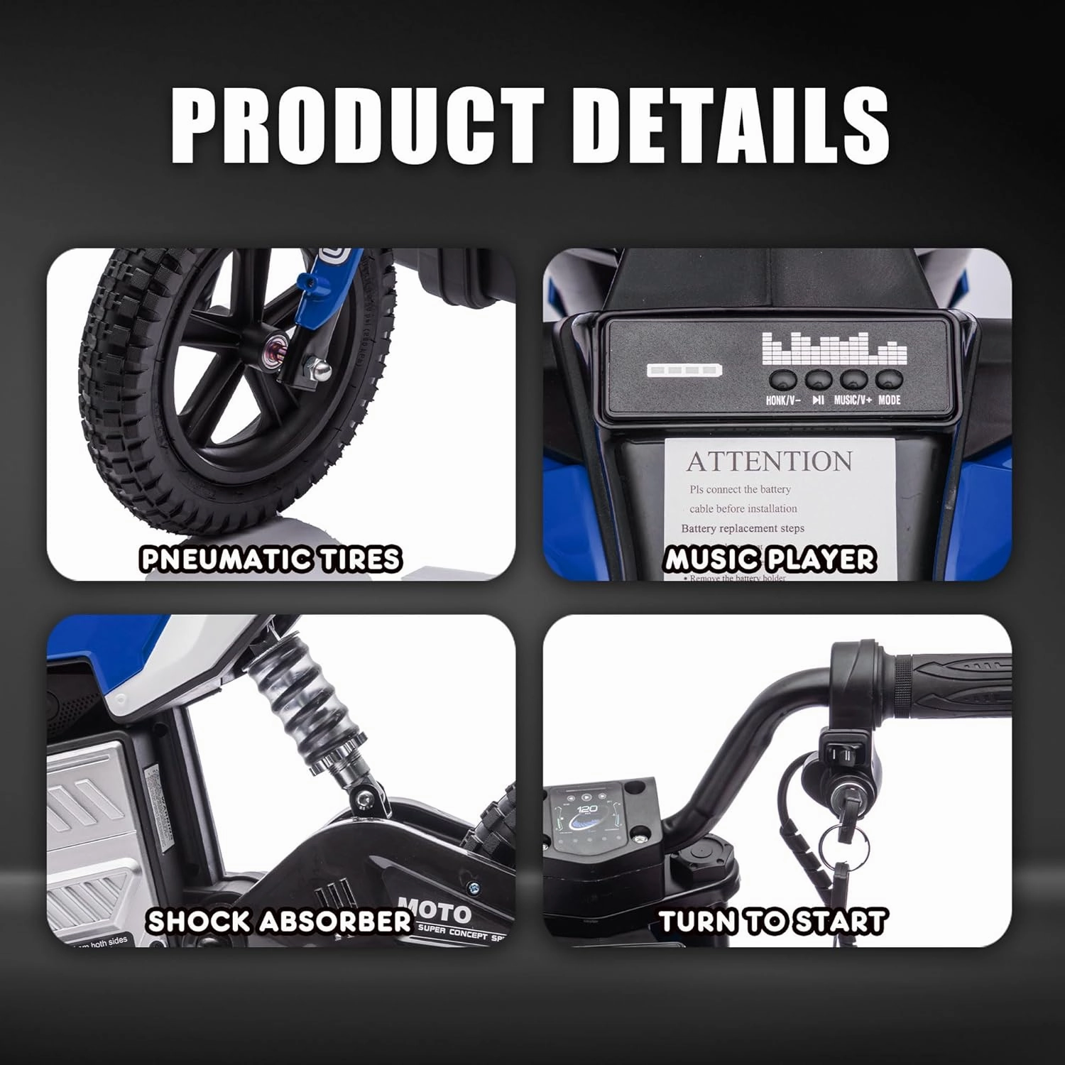 Electric Motorcycle for Kids 3-8, 24V Dirt Bike with 200W Hub Motor & Adjustable Speed (3.1-9.3MPH), LED Lights, Rear Shock Absorber, Lightweight 40.8lbs Ride-On Bike (Blue)