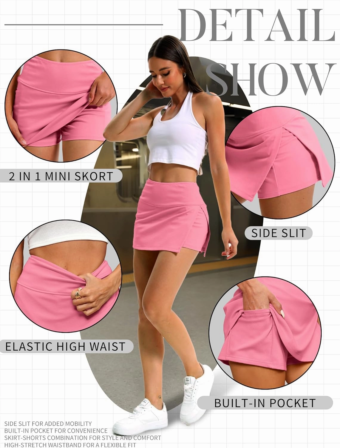 ELLEVEN Y2K Mini Skort with Sexy Side Slits - Women's Stylish Bodycon Skirt with Built-in Shorts & Pocket