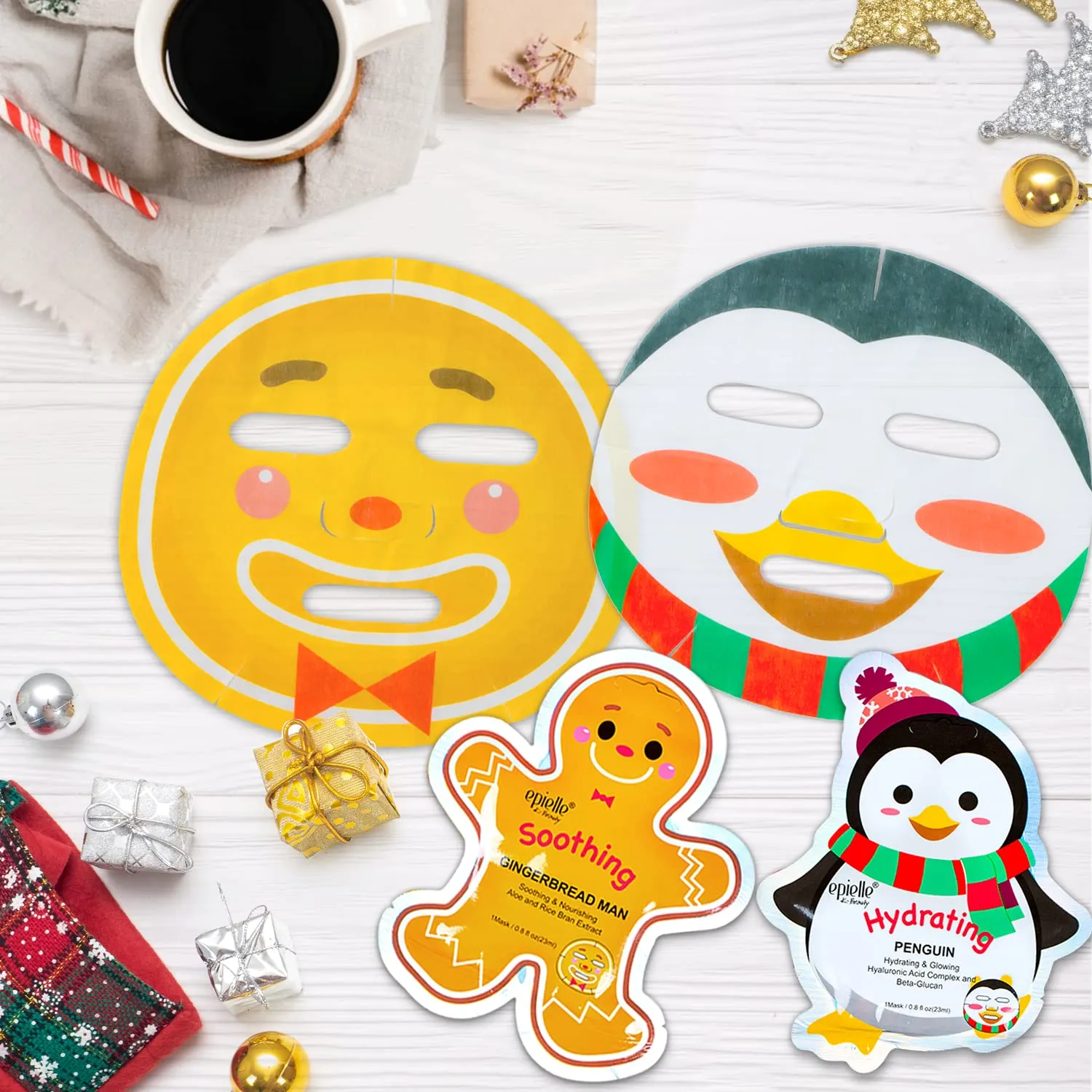 Epielle Christmas Holiday Character Sheet Mask Assortments, Santa, Reindeer, Snowman, Elf, Gingerbread, Penguin| Stocking Stuffers, Christmas Gift Ideas (12pk) Birthday Party Gift for her kids, Spa