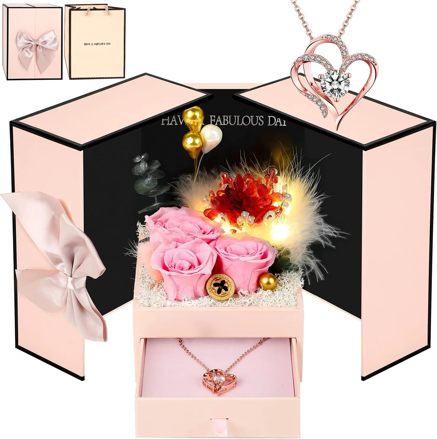 Erweicet for Mom, Pink Eternal Rose Box with Necklace, Preserved Rose Gifts for Women