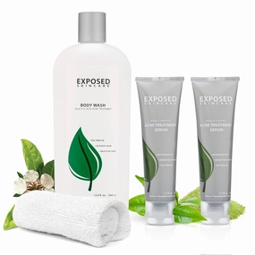 Exposed Skin Care Body Acne Kit – Dual Acne Treatment Serums   Body Wash and Exfoliating Body Cloth – Powerful System Eliminates Pimples and Breakouts to Quickly Clear Back and Body Acne