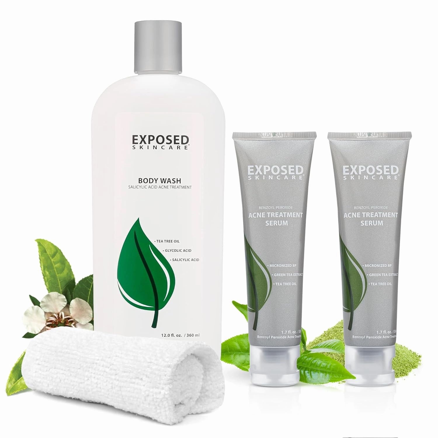 Exposed Skin Care Body Acne Kit – Dual Acne Treatment Serums   Body Wash and Exfoliating Body Cloth – Powerful System Eliminates Pimples and Breakouts to Quickly Clear Back and Body Acne