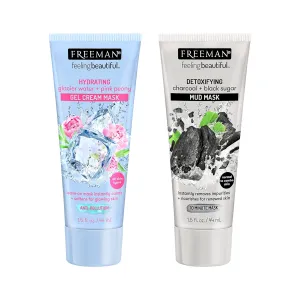 Freeman Limited Edition Glacier Water Pink Peony Cream Gel Facial Mask & Charcoal Black Sugar Mud Facial Mask, Hydrating & Detoxifying Skincare Masks, Gift Set, 2 Count, 1.5 fl.oz./44 mL Tubes