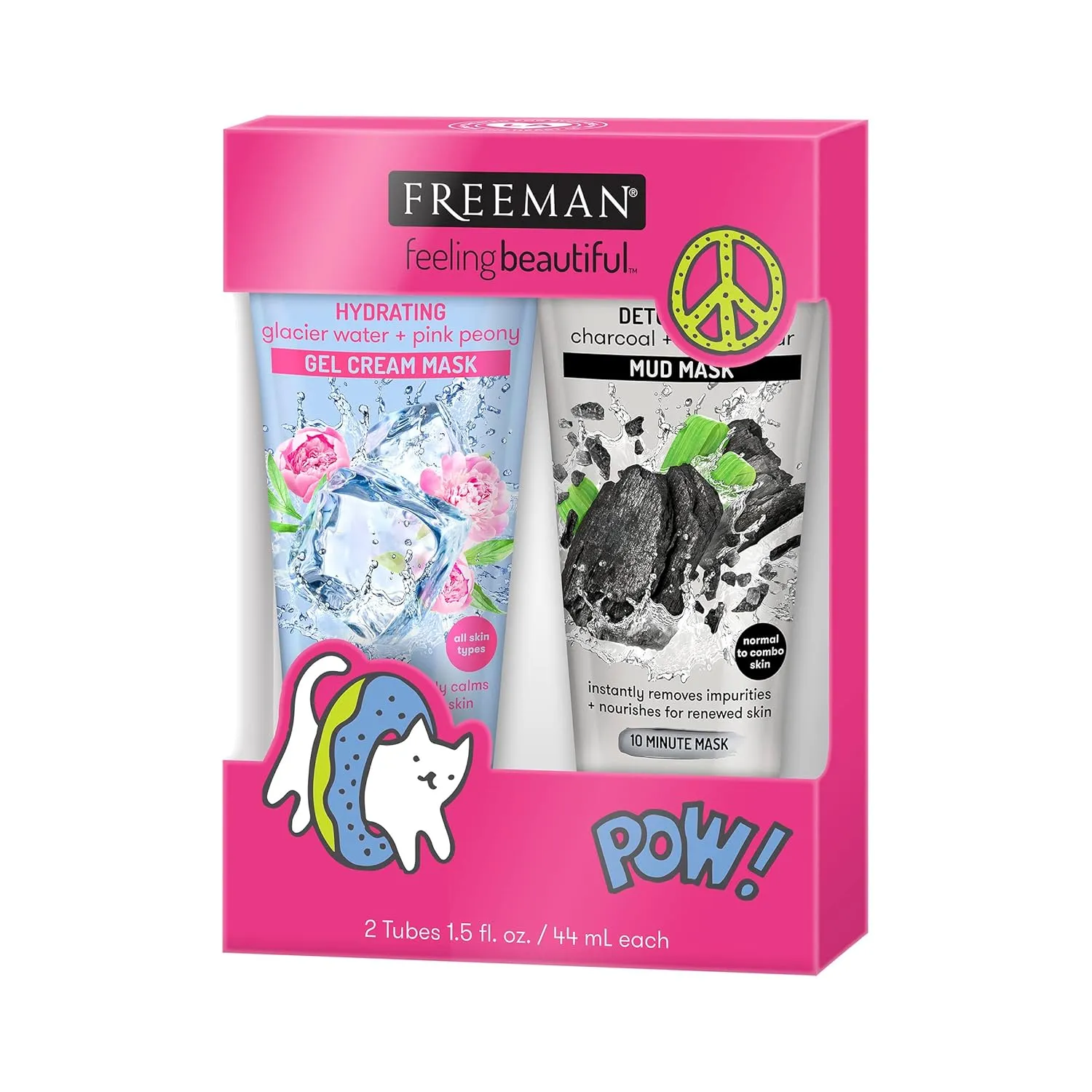 Freeman Limited Edition Glacier Water Pink Peony Cream Gel Facial Mask & Charcoal Black Sugar Mud Facial Mask, Hydrating & Detoxifying Skincare Masks, Gift Set, 2 Count, 1.5 fl.oz./44 mL Tubes