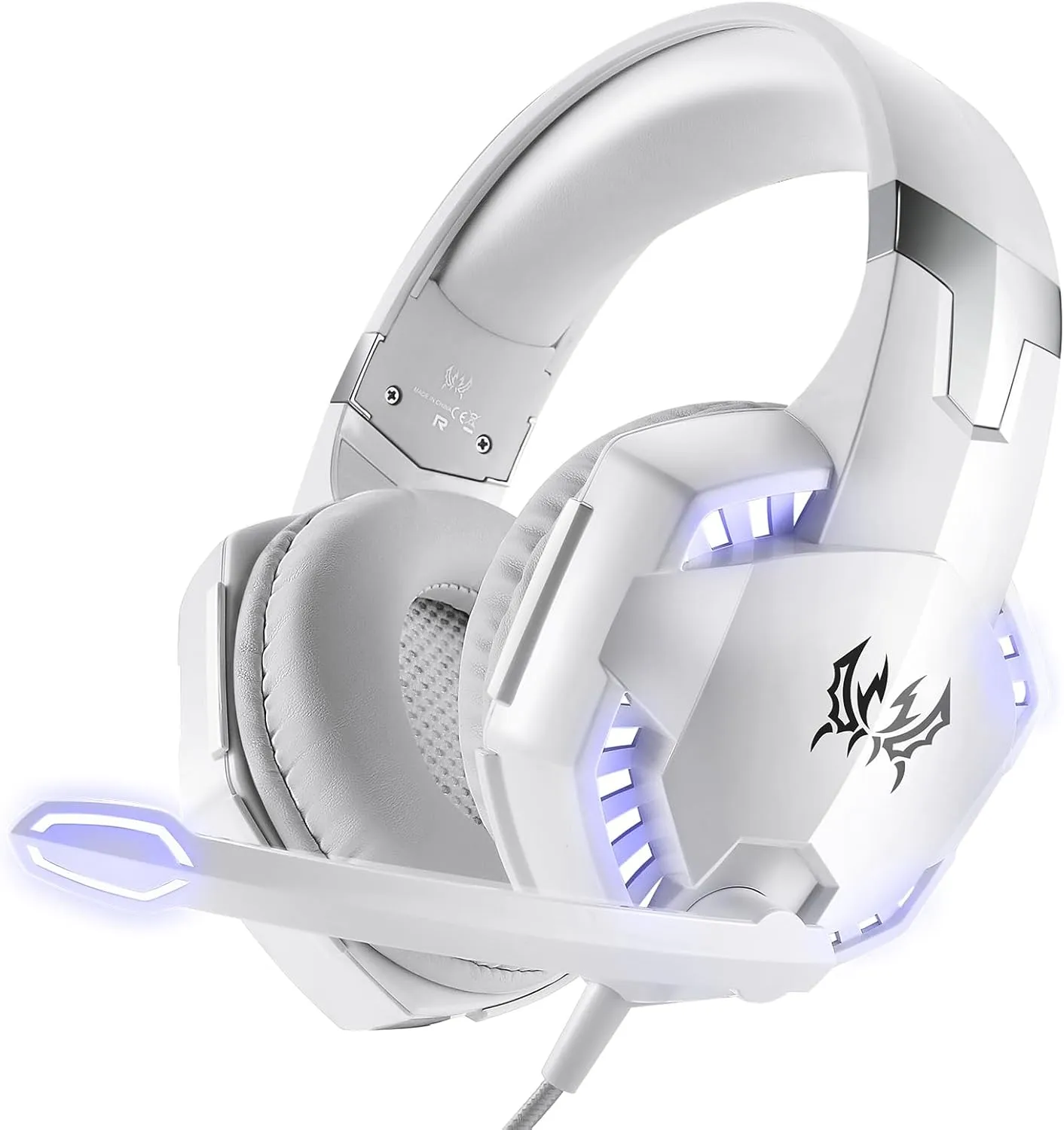 Gaming Headset, G2000 Over-Ear Gaming Headset,120-Degree Rotating Bass Noise Cancelling Mic,50mm Driver Unit,Skin-Friendly Breathable Over Ear Headphones with LED Lights for PC, Gamer - White