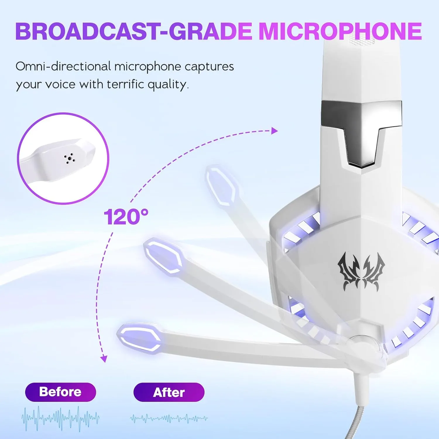 Gaming Headset, G2000 Over-Ear Gaming Headset,120-Degree Rotating Bass Noise Cancelling Mic,50mm Driver Unit,Skin-Friendly Breathable Over Ear Headphones with LED Lights for PC, Gamer - White