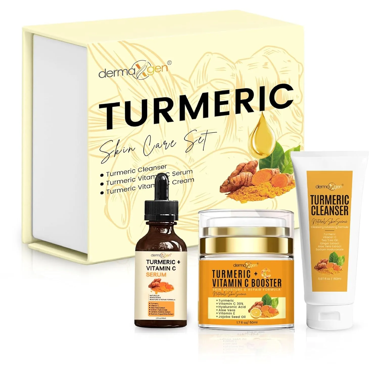 Glow Boosting Moisturizer, Organic Ingredients, Anti-Aging, Reduce Acne, Dark Spot Remover, Cleanser, Moisturizing Cream, Serum & Oil for Normal Oily Skin - Set of 3 (Turmeric Premium Set)