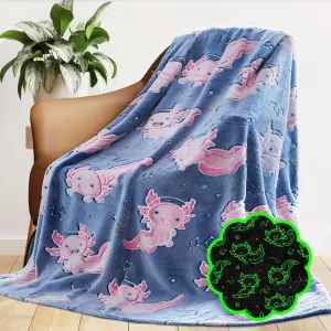Glow in The Dark Blanket Axolotl Pink Gifts Toys Decor for Kids Girls Cute Cozy Soft Glowing Salamander Twin Size Blue Throw Blanket for Bedroom Couch