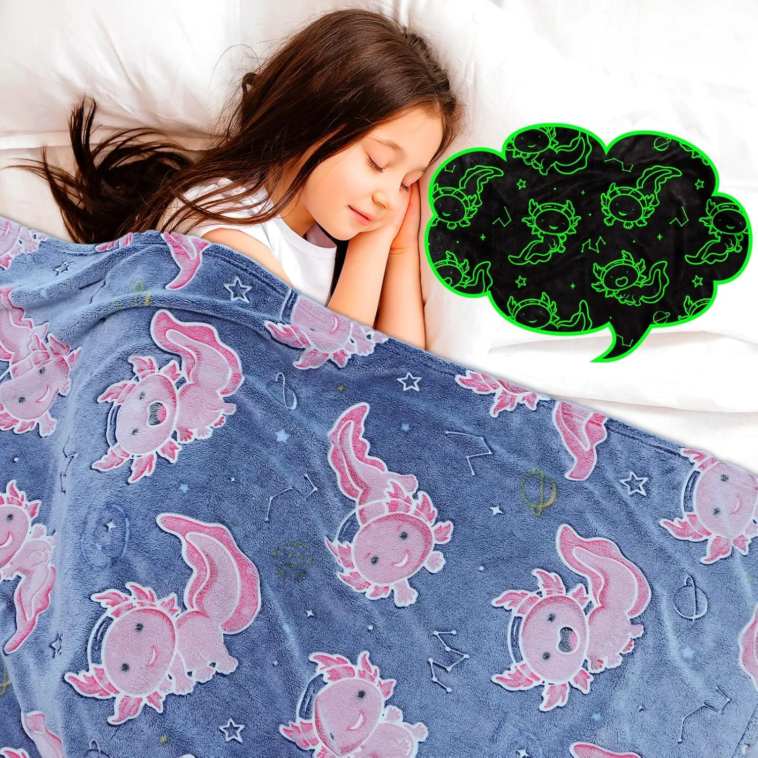 Glow in The Dark Blanket Axolotl Pink Gifts Toys Decor for Kids Girls Cute Cozy Soft Glowing Salamander Twin Size Blue Throw Blanket for Bedroom Couch
