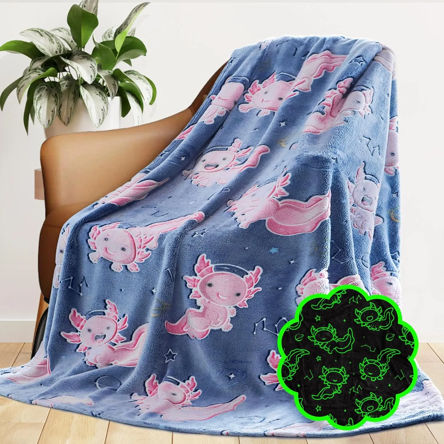 Glow in The Dark Blanket Axolotl Pink Gifts Toys Decor for Kids Girls Cute Cozy Soft Glowing Salamander Twin Size Blue Throw Blanket for Bedroom Couch