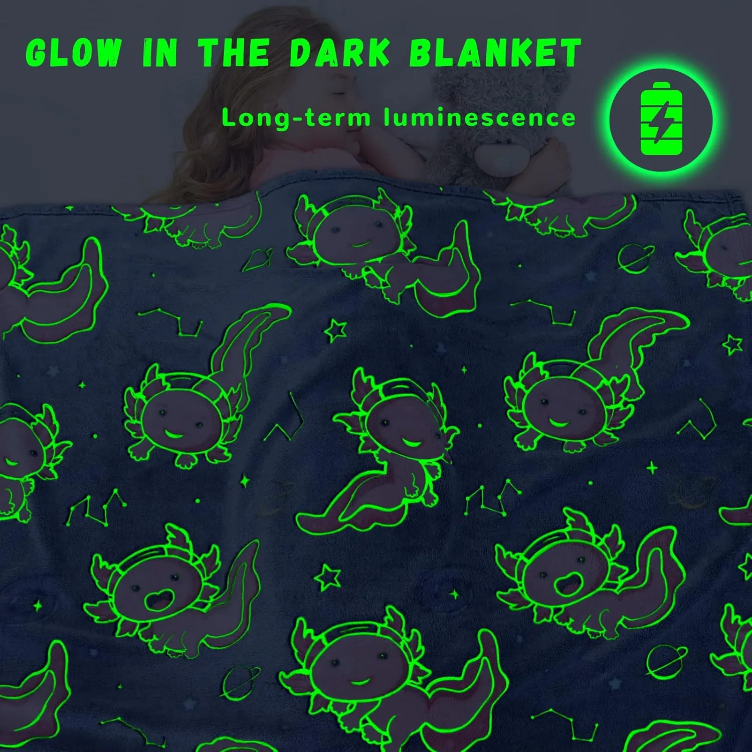 Glow in The Dark Blanket Axolotl Pink Gifts Toys Decor for Kids Girls Cute Cozy Soft Glowing Salamander Twin Size Blue Throw Blanket for Bedroom Couch