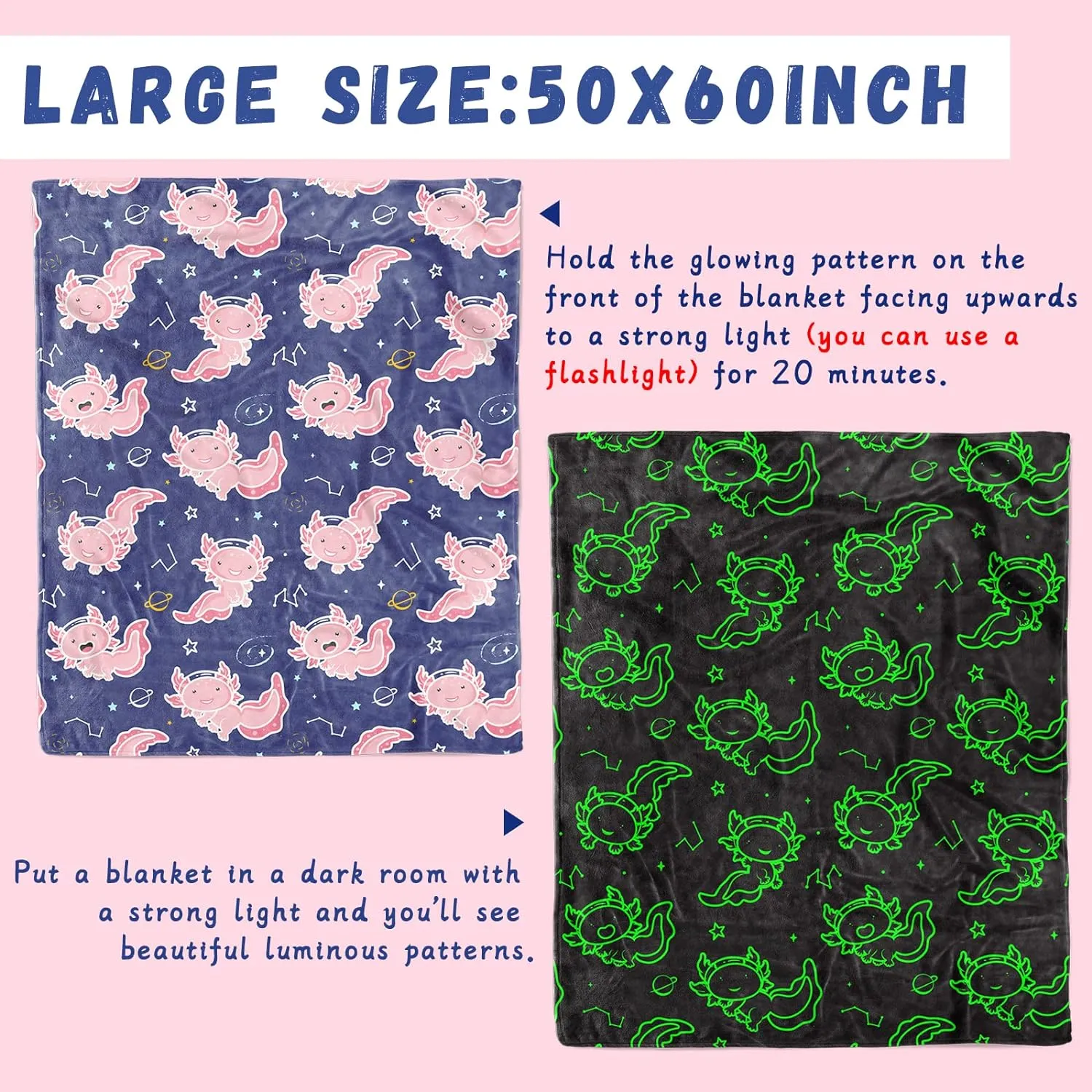 Glow in The Dark Blanket Axolotl Pink Gifts Toys Decor for Kids Girls Cute Cozy Soft Glowing Salamander Twin Size Blue Throw Blanket for Bedroom Couch