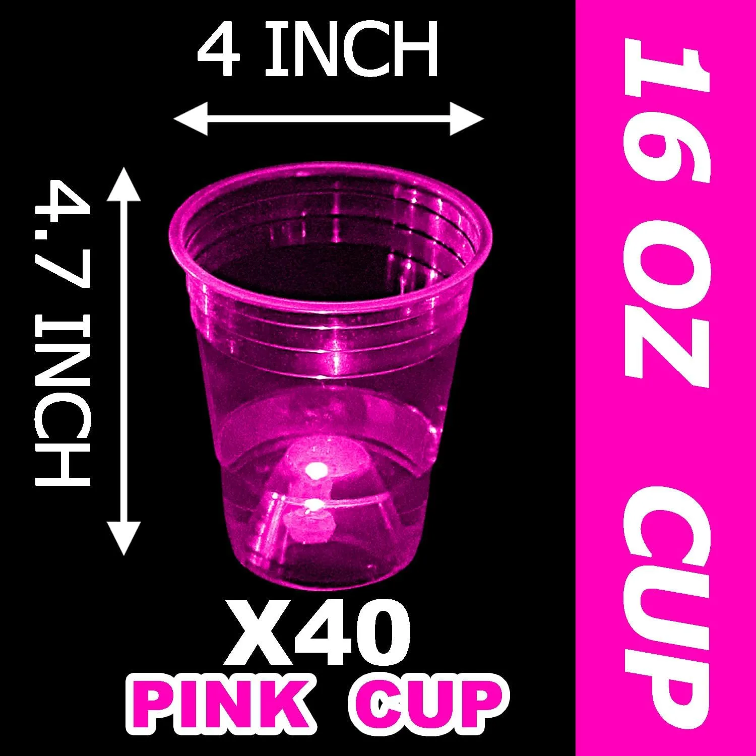 Glow in The Dark Pink Party Cups 40 Pack (16 oz) - LED Light Up Plastic Cups for Princess Parties Baby Showers Bridal Decorations, Reusable Rose Gold Glow Cups for Weddings, Tea Parties & Girls Night