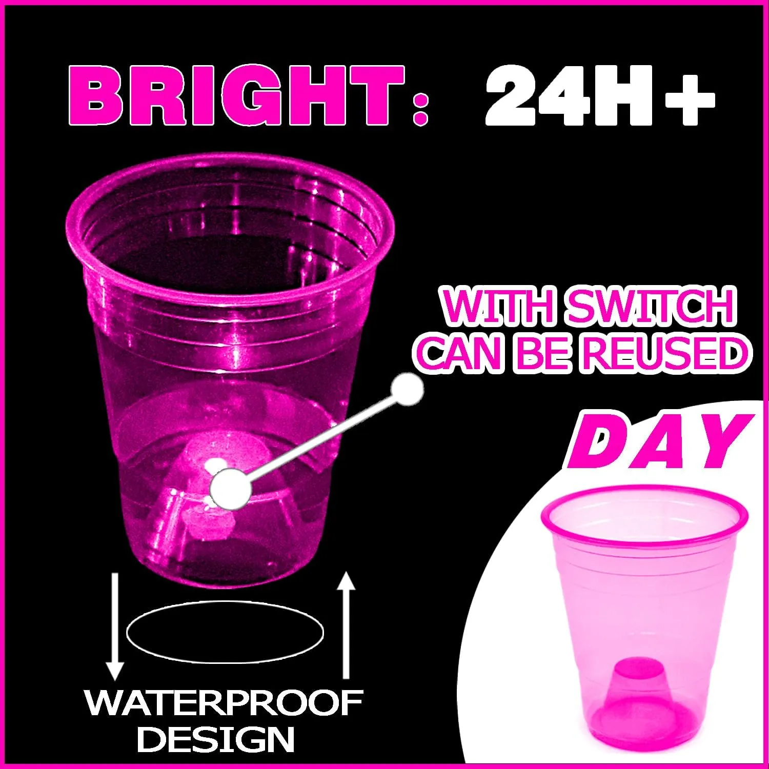 Glow in The Dark Pink Party Cups 40 Pack (16 oz) - LED Light Up Plastic Cups for Princess Parties Baby Showers Bridal Decorations, Reusable Rose Gold Glow Cups for Weddings, Tea Parties & Girls Night