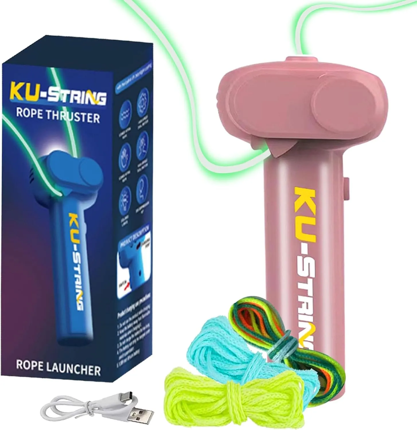 Glow in The Dark String,Portable Rope Launcher,Outdoor Fidget Toy Flying a Glowing KU Loop in The Air for Endless Tricks, Perfect STEM Gift for Kids & Adults（Pink）