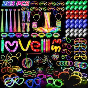 Glow in the Dark Party Favors for Adults Kids, 27 Carnival Accessories, 56 LED Light Up Toys Bulk, 100 Glow Sticks Party Pack, Neon Party Supplies & Decorations