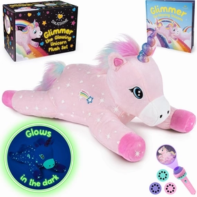 Glow in The Dark Unicorn Plush Set with Unicorn Book & Flashlight Projector, 18 Inch Unicorn Stuffed Animal and Book Set, Light Up Bedtime Toy Stuffies for Girls Gift Set, Bedtime Help