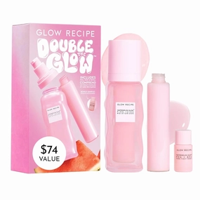 Glow Recipe Double The Glow Skincare Kit - Watermelon PHA BHA Face Toner   Full Size and Refillable Pink Juice Face Moisturizer with Hydrating Hyaluronic Acid for Dry Skin - Korean Skin Care (3 Count)