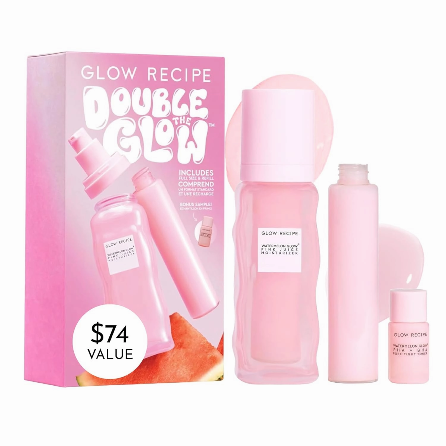 Glow Recipe Double The Glow Skincare Kit - Watermelon PHA BHA Face Toner   Full Size and Refillable Pink Juice Face Moisturizer with Hydrating Hyaluronic Acid for Dry Skin - Korean Skin Care (3 Count)