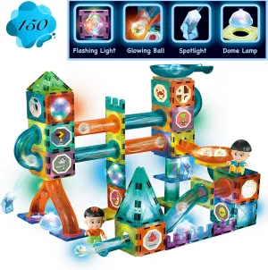 Glowing Magnetic Tiles Marble Run Race Track Super Set - 150 Complete Pieces Glow in The Dark STEM Magnetic Building Blocks Gravity Marble Maze Games for Toddlers Kids Boys Girls Ages 3  Years
