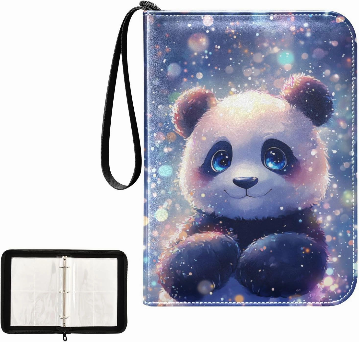 Glowing Colorful Panda Starlight Dots Card Binder 4 Pocket, Trading Card Holder Fits 400 Game Cards with 50 Removable Sleeves, MTG Card Case Standard Size