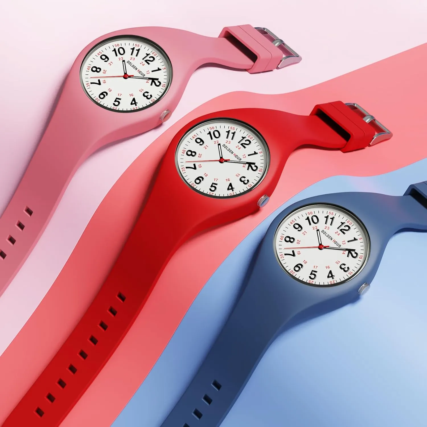 GOLDEN HOUR Waterproof Sports Analog Unisex Watches for Nurse Medical Professionals, Students - Military Time Glowing Easy to Read Dial, Jelly Silicone Strap