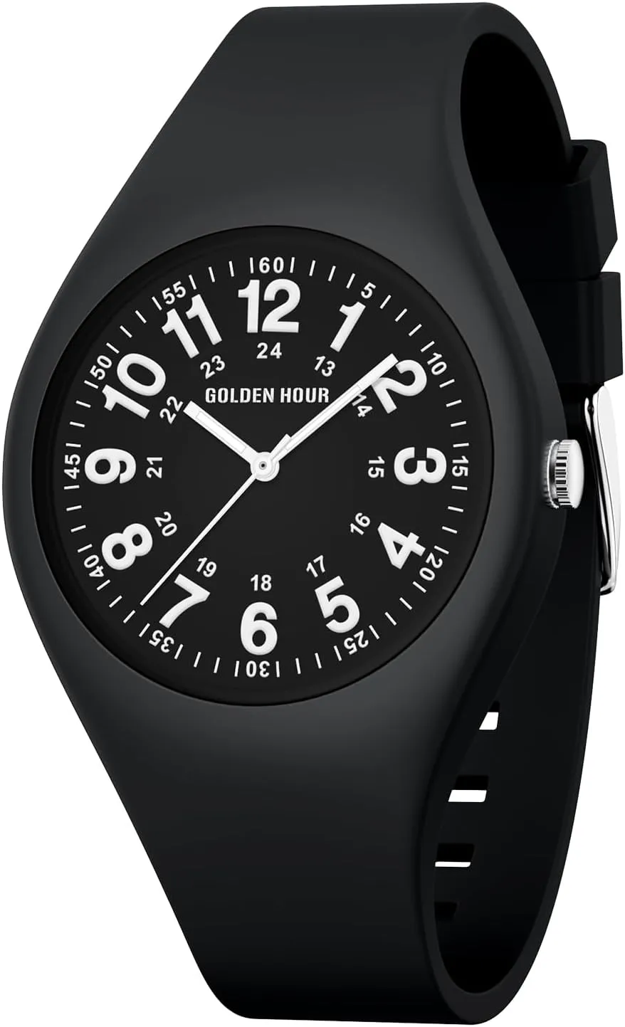 GOLDEN HOUR Waterproof Sports Analog Unisex Watches for Nurse Medical Professionals, Students - Military Time Glowing Easy to Read Dial, Jelly Silicone Strap