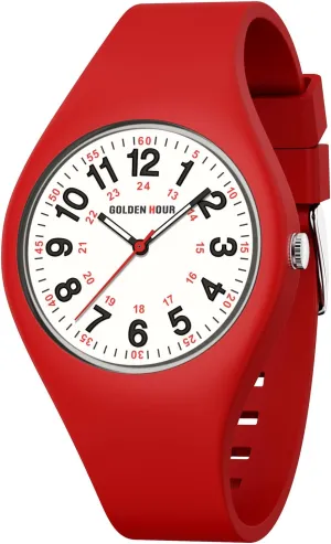 GOLDEN HOUR Waterproof Sports Analog Unisex Watches for Nurse Medical Professionals, Students - Military Time Glowing Easy to Read Dial, Jelly Silicone Strap