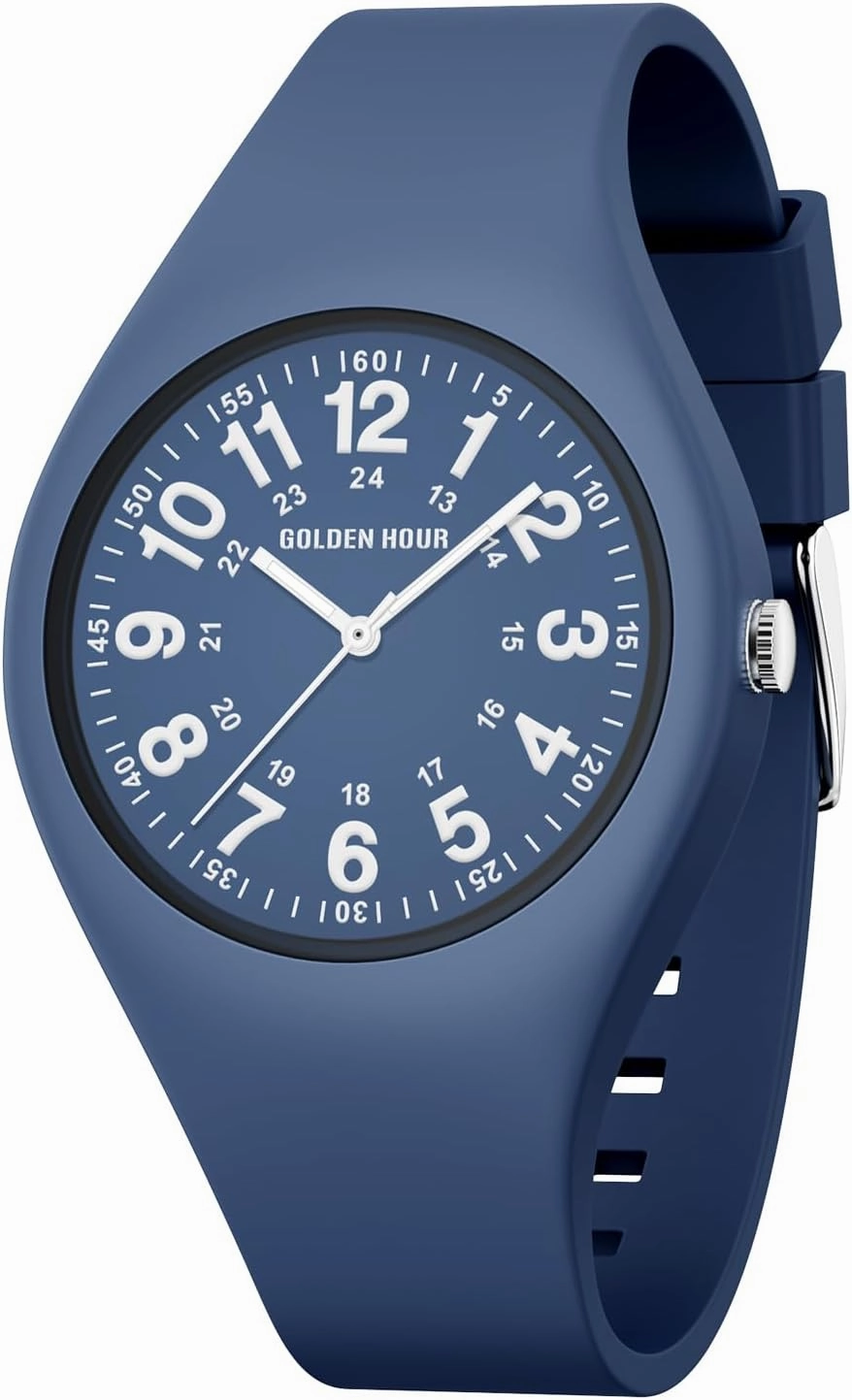GOLDEN HOUR Waterproof Sports Analog Unisex Watches for Nurse Medical Professionals, Students - Military Time Glowing Easy to Read Dial, Jelly Silicone Strap