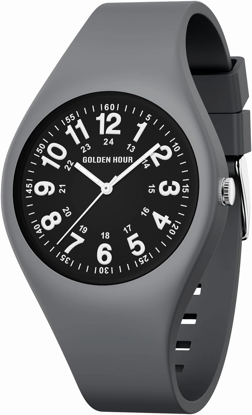 GOLDEN HOUR Waterproof Sports Analog Unisex Watches for Nurse Medical Professionals, Students - Military Time Glowing Easy to Read Dial, Jelly Silicone Strap