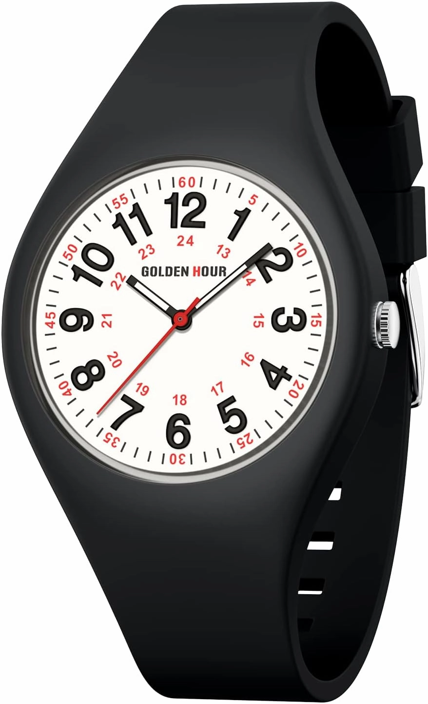 GOLDEN HOUR Waterproof Sports Analog Unisex Watches for Nurse Medical Professionals, Students - Military Time Glowing Easy to Read Dial, Jelly Silicone Strap