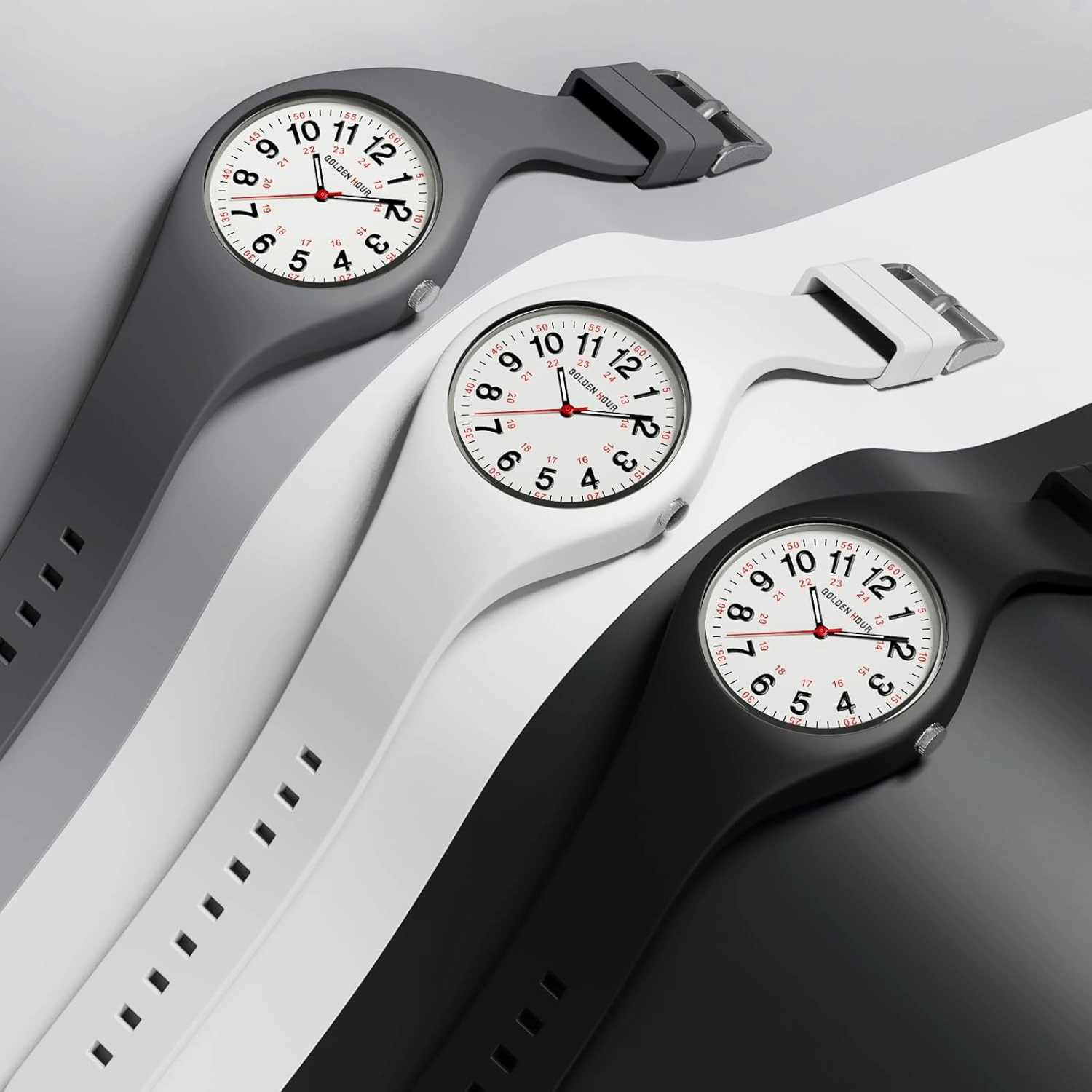 GOLDEN HOUR Waterproof Sports Analog Unisex Watches for Nurse Medical Professionals, Students - Military Time Glowing Easy to Read Dial, Jelly Silicone Strap