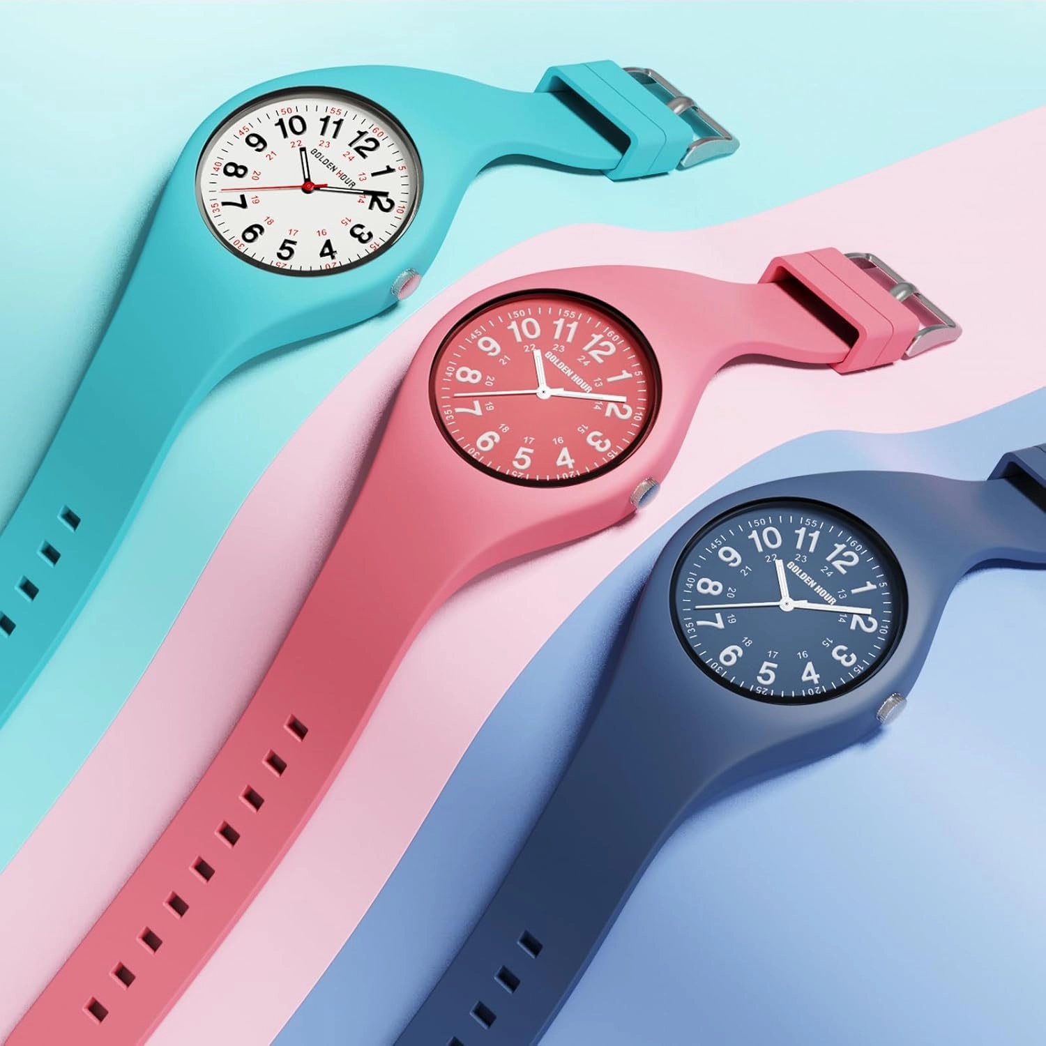 GOLDEN HOUR Waterproof Sports Analog Unisex Watches for Nurse Medical Professionals, Students - Military Time Glowing Easy to Read Dial, Jelly Silicone Strap