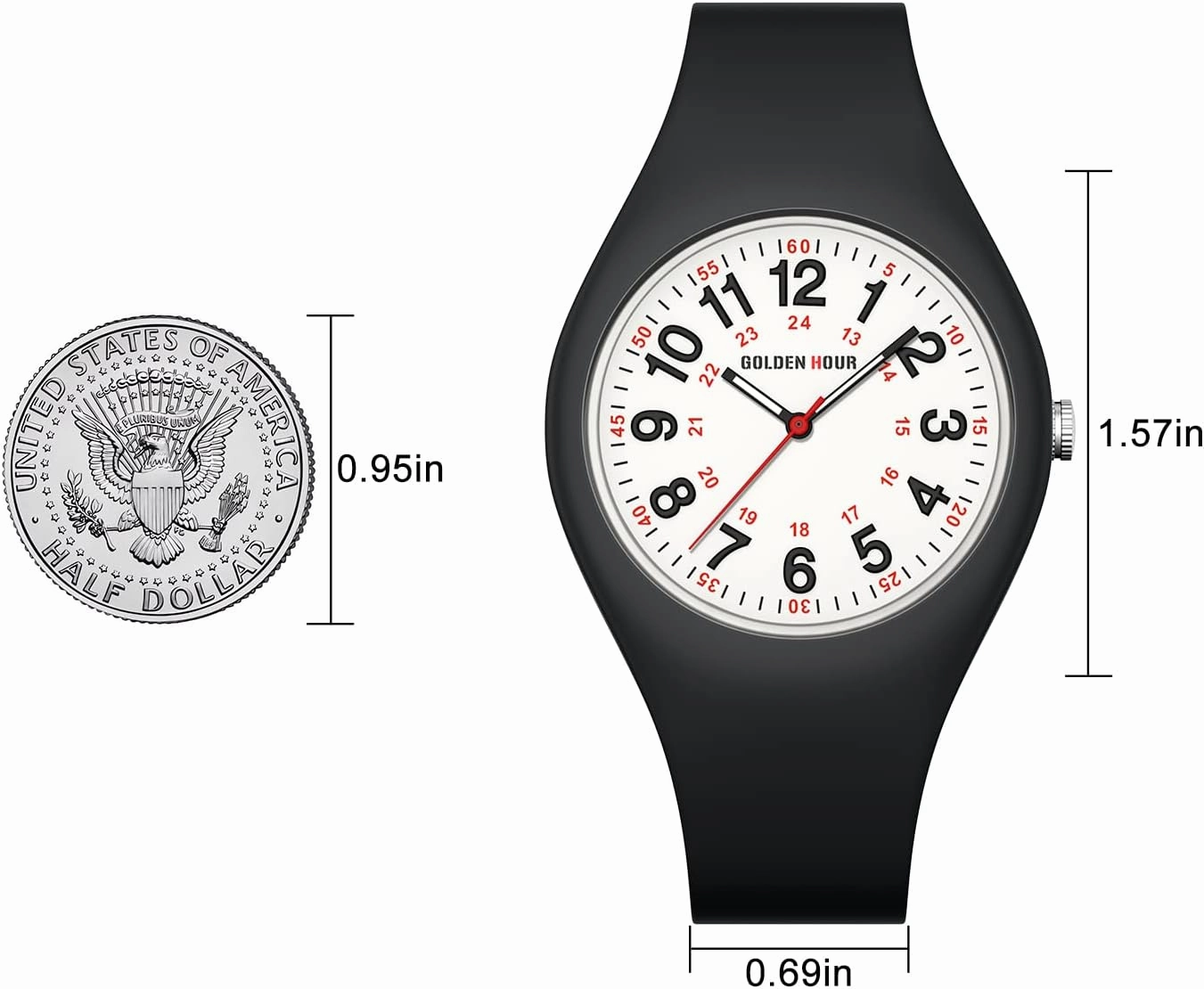 GOLDEN HOUR Waterproof Sports Analog Unisex Watches for Nurse Medical Professionals, Students - Military Time Glowing Easy to Read Dial, Jelly Silicone Strap